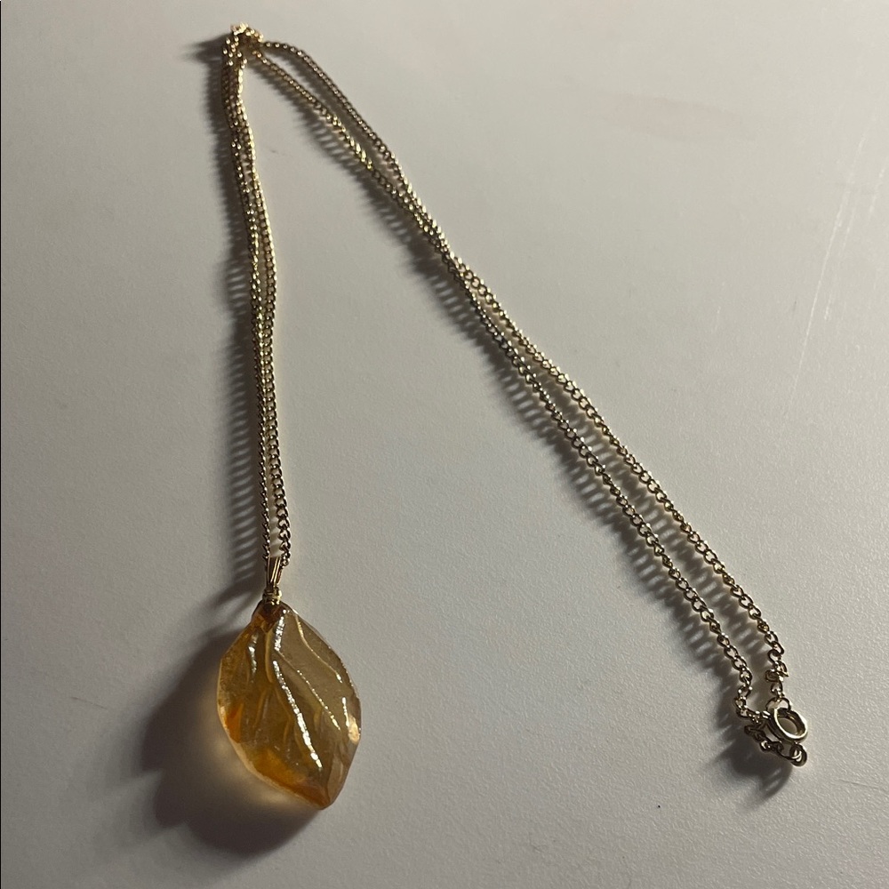 Gold Leaf Pendant Necklace - Amber Glass Drop